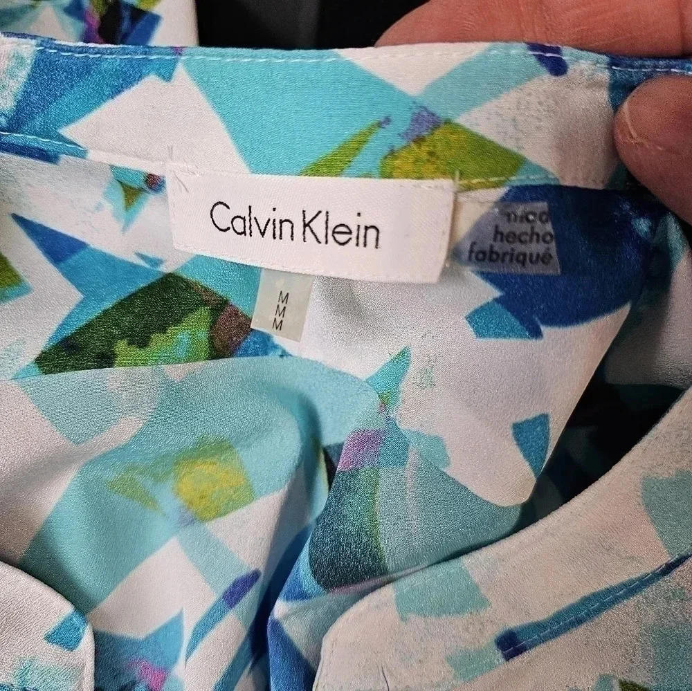 Calvin Klein Medium Abstract Blue White Green Button Down Blouse Office Top - Picture 4 of 7